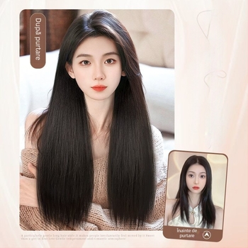 Perucă din trei părți pentru femei cu păr lung drept, stil natural, volum din mătase autohtonă, fără urme vizibile de conectare