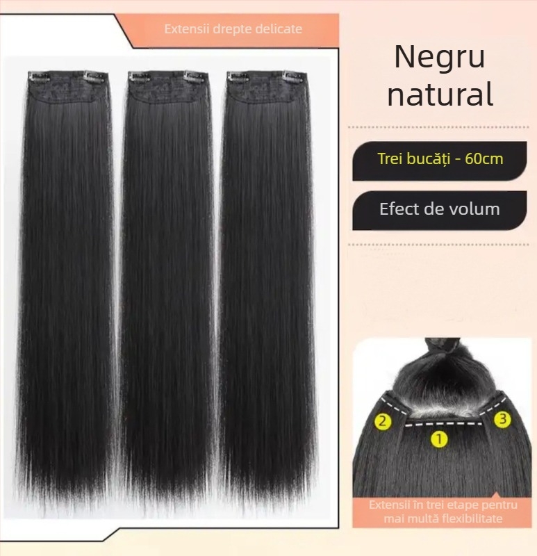 Perucă din trei părți pentru femei cu păr lung drept, stil natural, volum din mătase autohtonă, fără urme vizibile de conectare