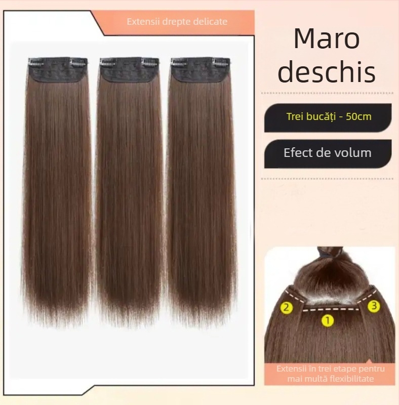 Perucă din trei părți pentru femei cu păr lung drept, stil natural, volum din mătase autohtonă, fără urme vizibile de conectare