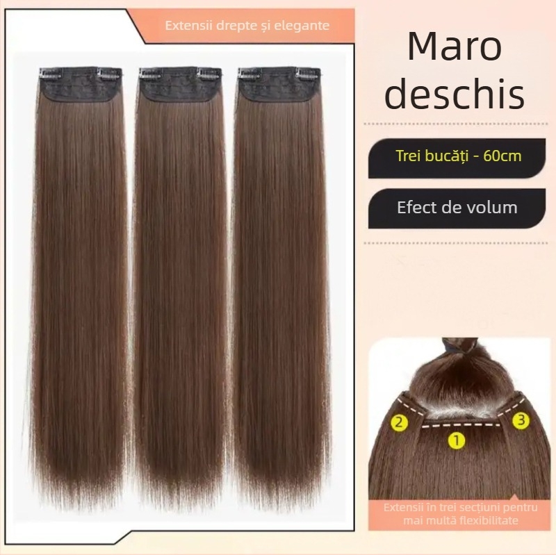 Perucă din trei părți pentru femei cu păr lung drept, stil natural, volum din mătase autohtonă, fără urme vizibile de conectare