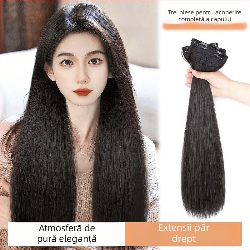 Perucă din trei părți pentru femei cu păr lung drept, stil natural, volum din mătase autohtonă, fără urme vizibile de conectare