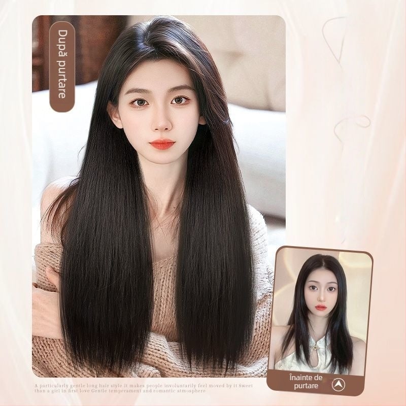 Perucă din trei părți pentru femei cu păr lung drept, stil natural, volum din mătase autohtonă, fără urme vizibile de conectare