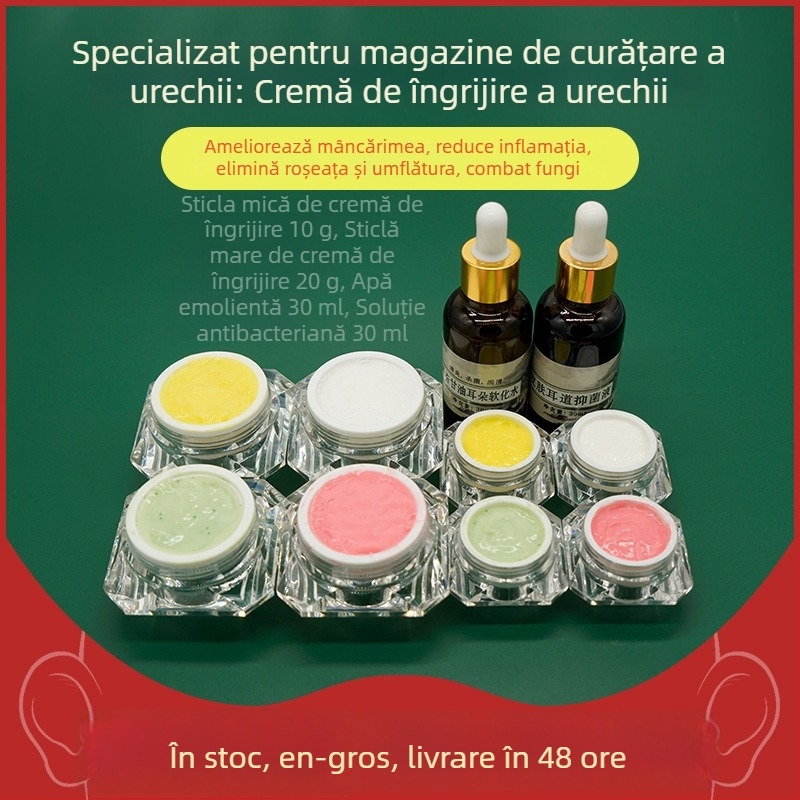 Set de îngrijire a urechilor: lingură pentru urechi non-luminată și cremă de îngrijire, ameliorare a roșeții și a mâncării, 10–20 g