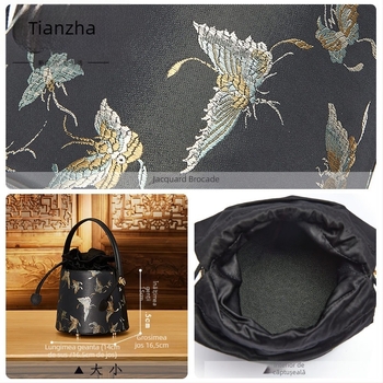 Geantă bucket din piele de vacă și material textil, stil național literar, închidere cu șnur, căptușeală poliester