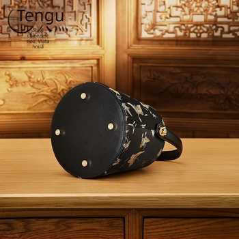 Geantă bucket din piele de vacă și material textil, stil național literar, închidere cu șnur, căptușeală poliester