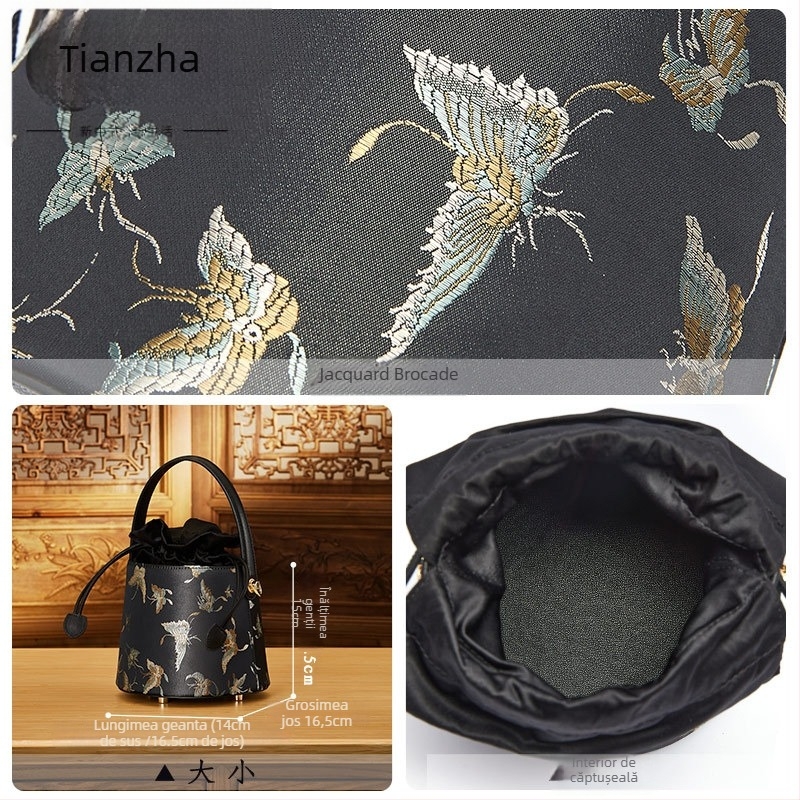 Geantă bucket din piele de vacă și material textil, stil național literar, închidere cu șnur, căptușeală poliester