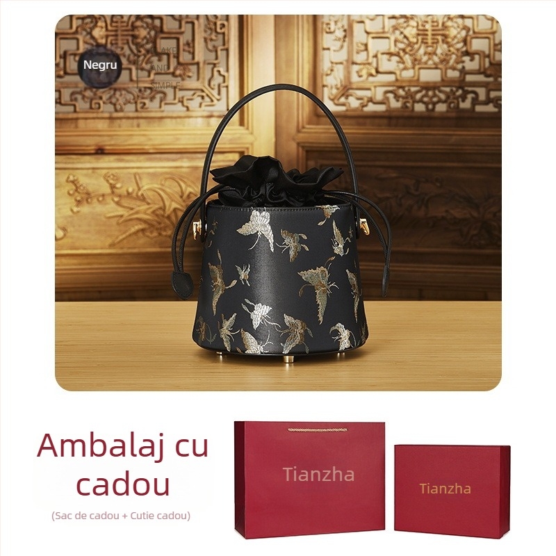 Geantă bucket din piele de vacă și material textil, stil național literar, închidere cu șnur, căptușeală poliester