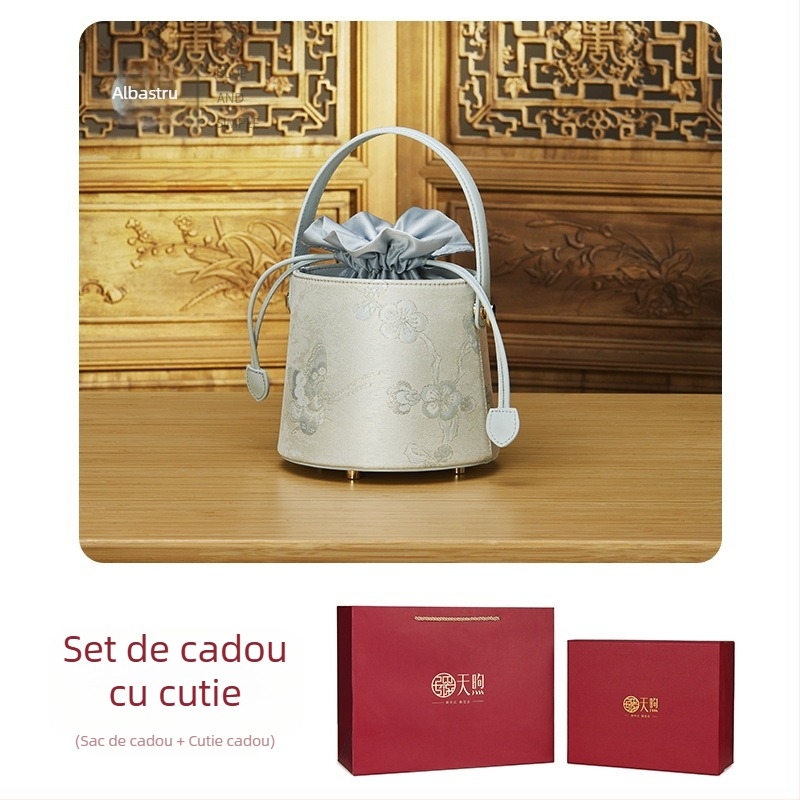 Geantă bucket din piele de vacă și material textil, stil național literar, închidere cu șnur, căptușeală poliester