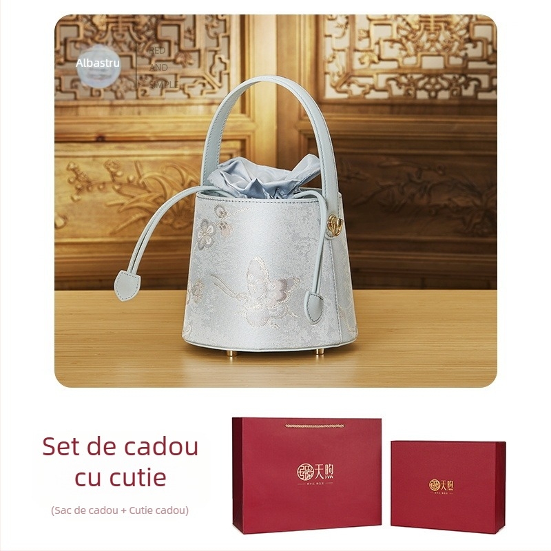Geantă bucket din piele de vacă și material textil, stil național literar, închidere cu șnur, căptușeală poliester