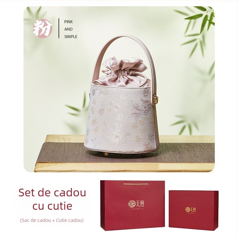 Geantă bucket din piele de vacă și material textil, stil național literar, închidere cu șnur, căptușeală poliester