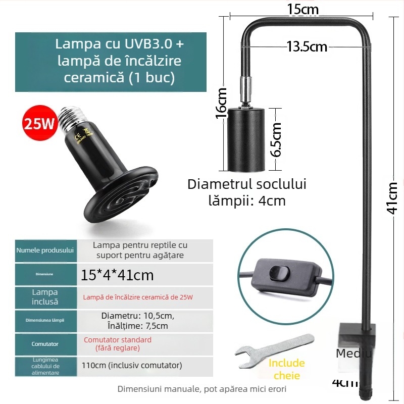 Lampă de basking pentru reptile, corp din aliaj de aluminiu, 25W, iluminare de completare, Climbing General