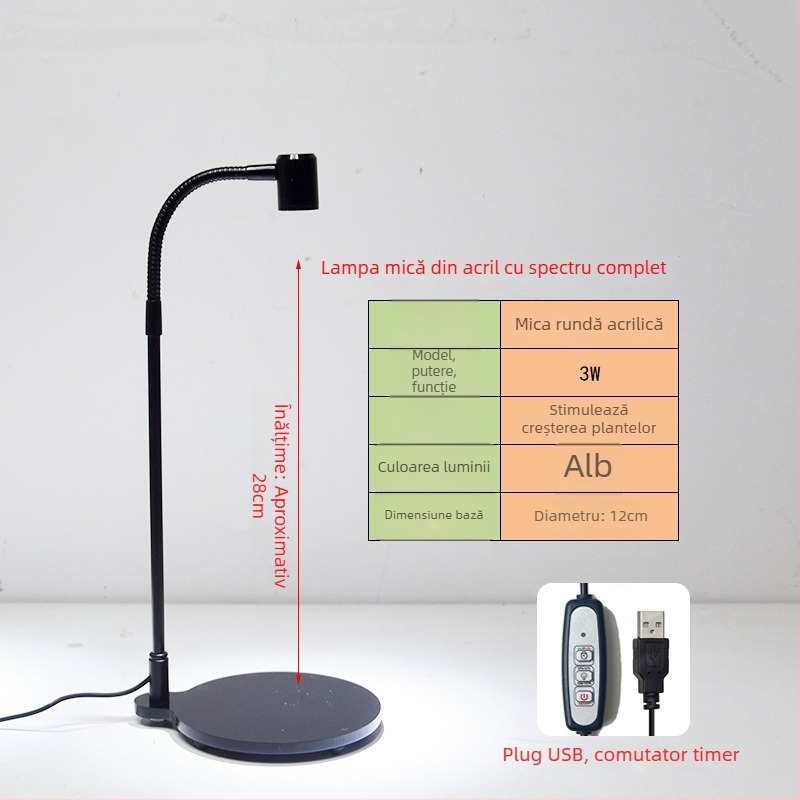Lampă LED de creștere a plantelor pentru suculente și plante în ghivece – spectru complet, 3W, 0,5 kg