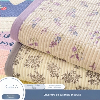 Acoperire pat din tifon dublu strat, husă antiderapantă în stil tatami pentru saltea, set de 3 piese, imprimeu cu desene animate, vopsire reactiva, fibre sintetice