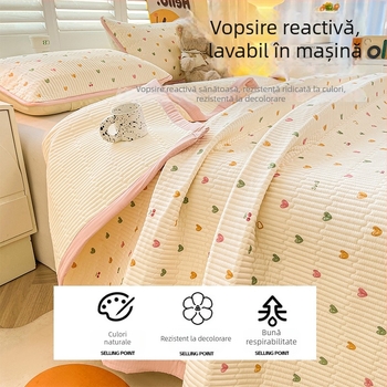 Acoperire pat din tifon dublu strat, husă antiderapantă în stil tatami pentru saltea, set de 3 piese, imprimeu cu desene animate, vopsire reactiva, fibre sintetice