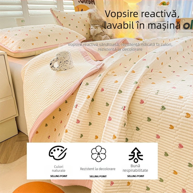 Acoperire pat din tifon dublu strat, husă antiderapantă în stil tatami pentru saltea, set de 3 piese, imprimeu cu desene animate, vopsire reactiva, fibre sintetice