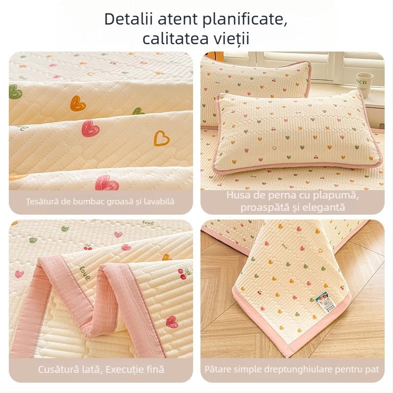 Acoperire pat din tifon dublu strat, husă antiderapantă în stil tatami pentru saltea, set de 3 piese, imprimeu cu desene animate, vopsire reactiva, fibre sintetice