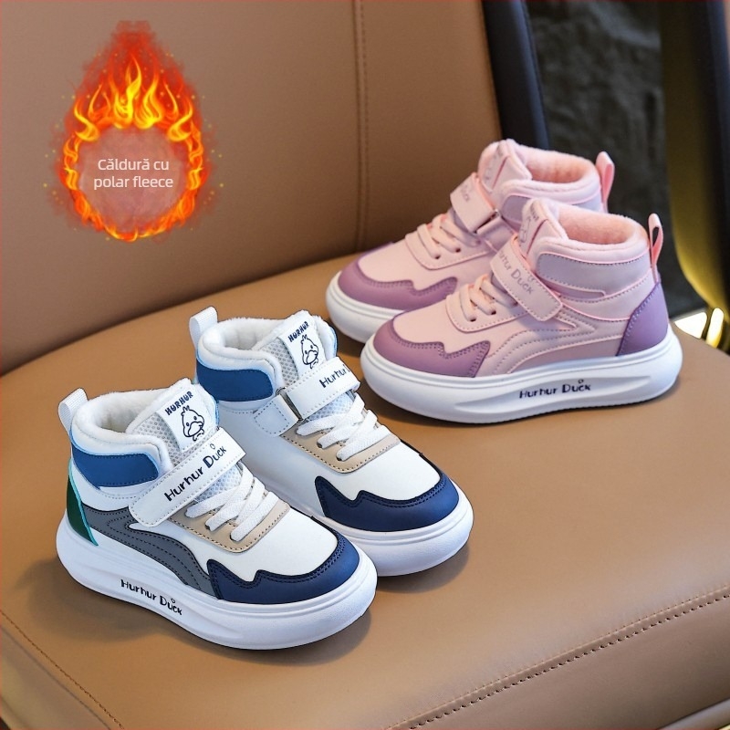 Little Yellow Duck Pantofi sport unisex pentru copii, înălți, cu căptușeală fleece – exterior din piele artificială, talpă PVC, închidere Velcro, Iarna 2025