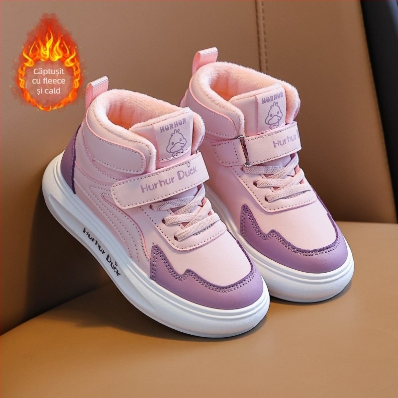 Little Yellow Duck Pantofi sport unisex pentru copii, înălți, cu căptușeală fleece – exterior din piele artificială, talpă PVC, închidere Velcro, Iarna 2025