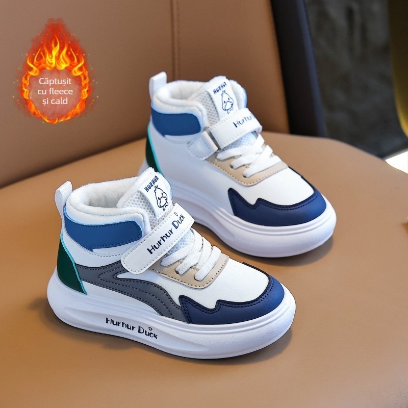 Little Yellow Duck Pantofi sport unisex pentru copii, înălți, cu căptușeală fleece – exterior din piele artificială, talpă PVC, închidere Velcro, Iarna 2025