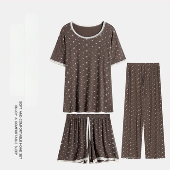 Set pijamale în stil coreean: imprimeu floral mic, modal, rib tricot, guler rotund