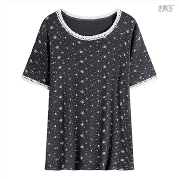 Set pijamale în stil coreean: imprimeu floral mic, modal, rib tricot, guler rotund