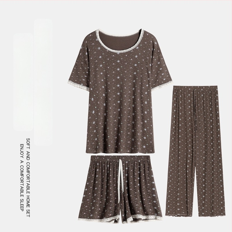 Set pijamale în stil coreean: imprimeu floral mic, modal, rib tricot, guler rotund