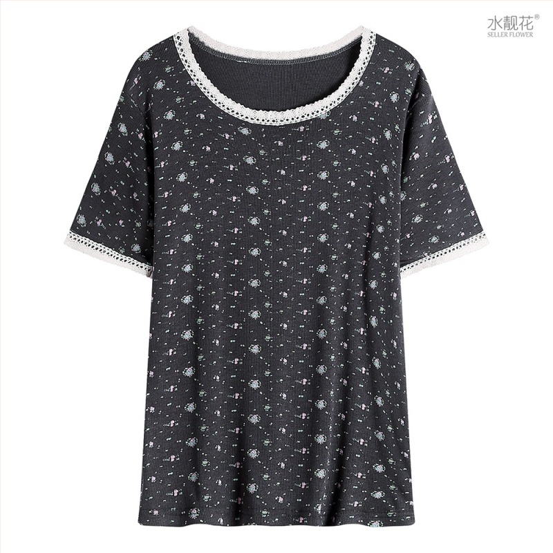 Set pijamale în stil coreean: imprimeu floral mic, modal, rib tricot, guler rotund