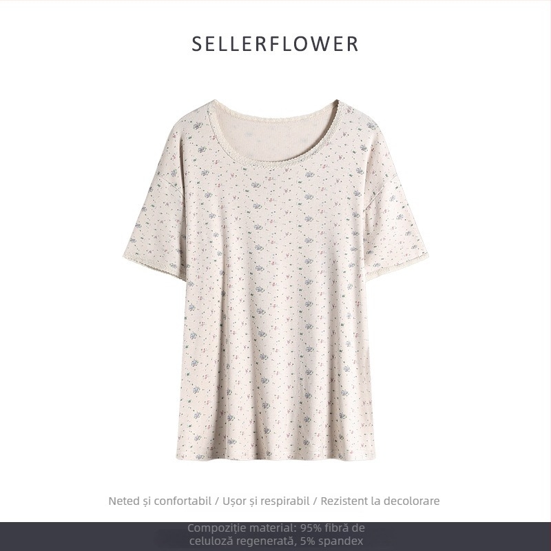 Set pijamale în stil coreean: imprimeu floral mic, modal, rib tricot, guler rotund