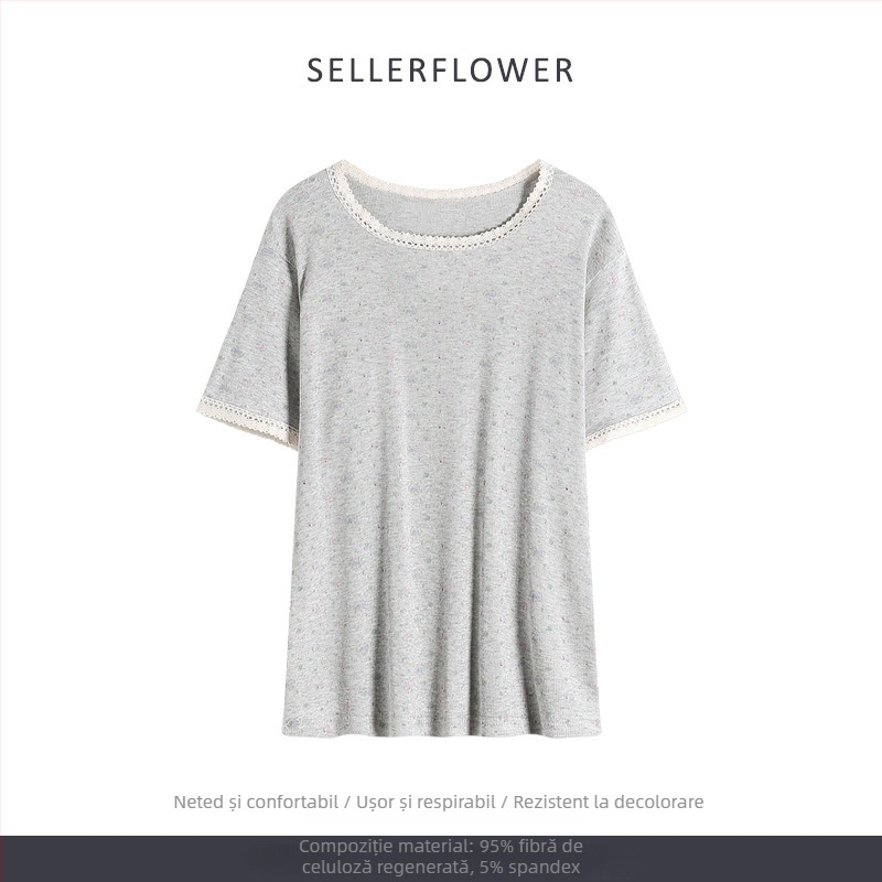 Set pijamale în stil coreean: imprimeu floral mic, modal, rib tricot, guler rotund