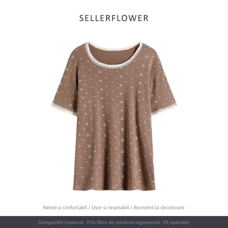 Set pijamale în stil coreean: imprimeu floral mic, modal, rib tricot, guler rotund