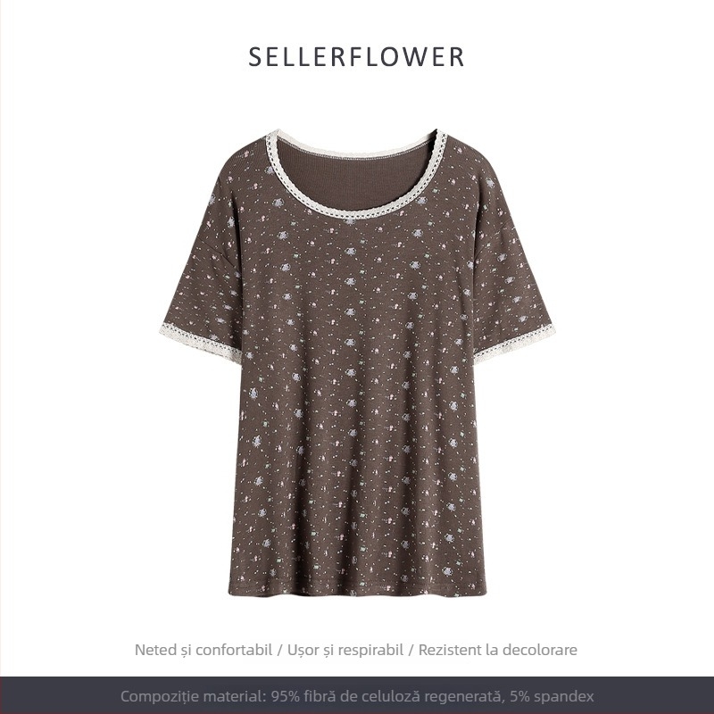 Set pijamale în stil coreean: imprimeu floral mic, modal, rib tricot, guler rotund