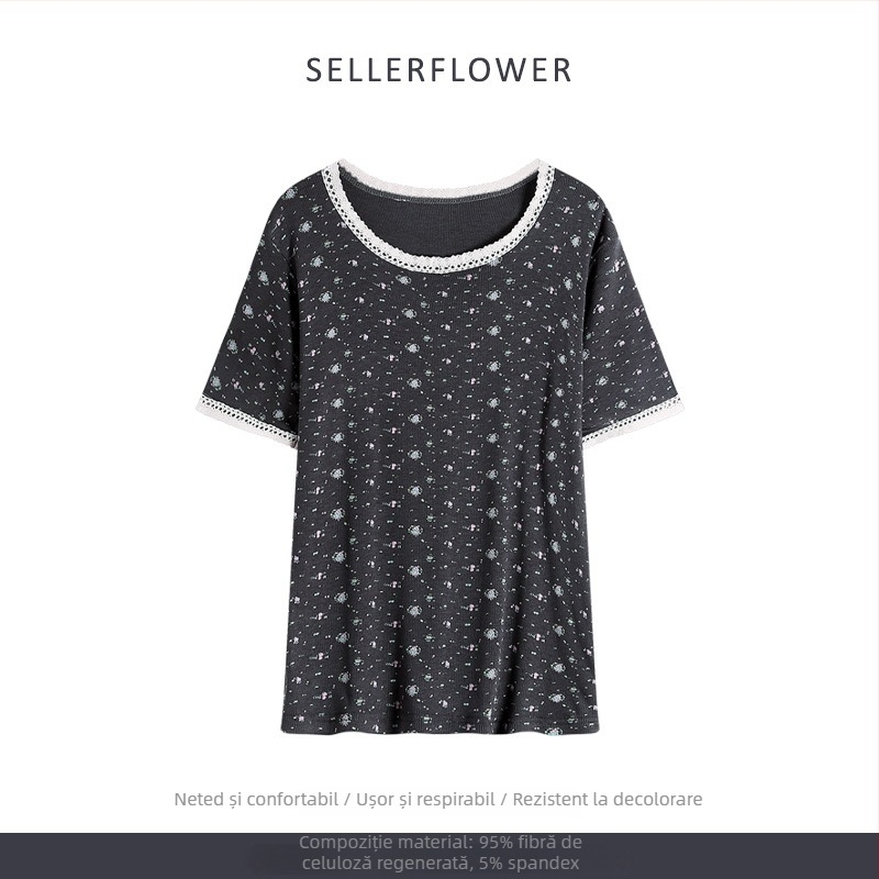 Set pijamale în stil coreean: imprimeu floral mic, modal, rib tricot, guler rotund