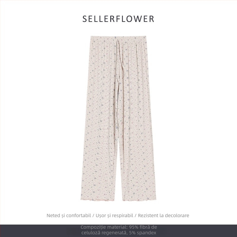 Set pijamale în stil coreean: imprimeu floral mic, modal, rib tricot, guler rotund