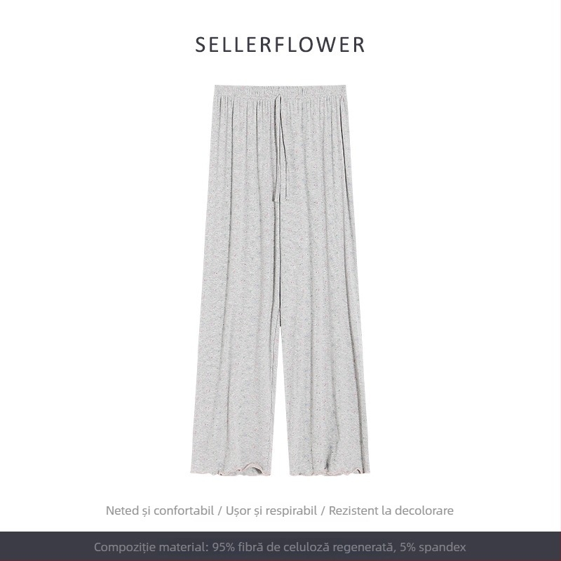 Set pijamale în stil coreean: imprimeu floral mic, modal, rib tricot, guler rotund