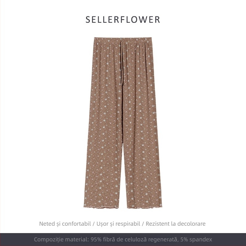 Set pijamale în stil coreean: imprimeu floral mic, modal, rib tricot, guler rotund