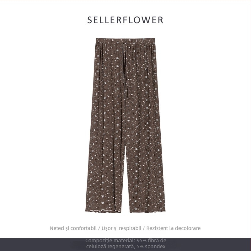 Set pijamale în stil coreean: imprimeu floral mic, modal, rib tricot, guler rotund