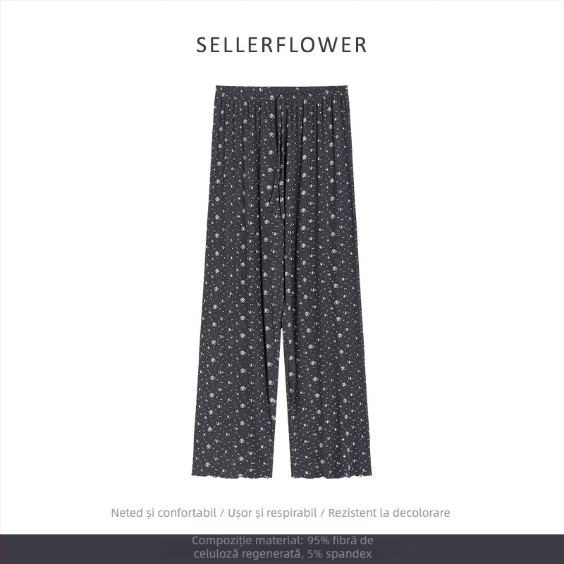 Set pijamale în stil coreean: imprimeu floral mic, modal, rib tricot, guler rotund