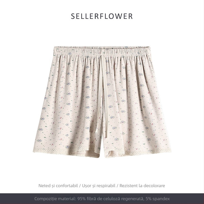 Set pijamale în stil coreean: imprimeu floral mic, modal, rib tricot, guler rotund