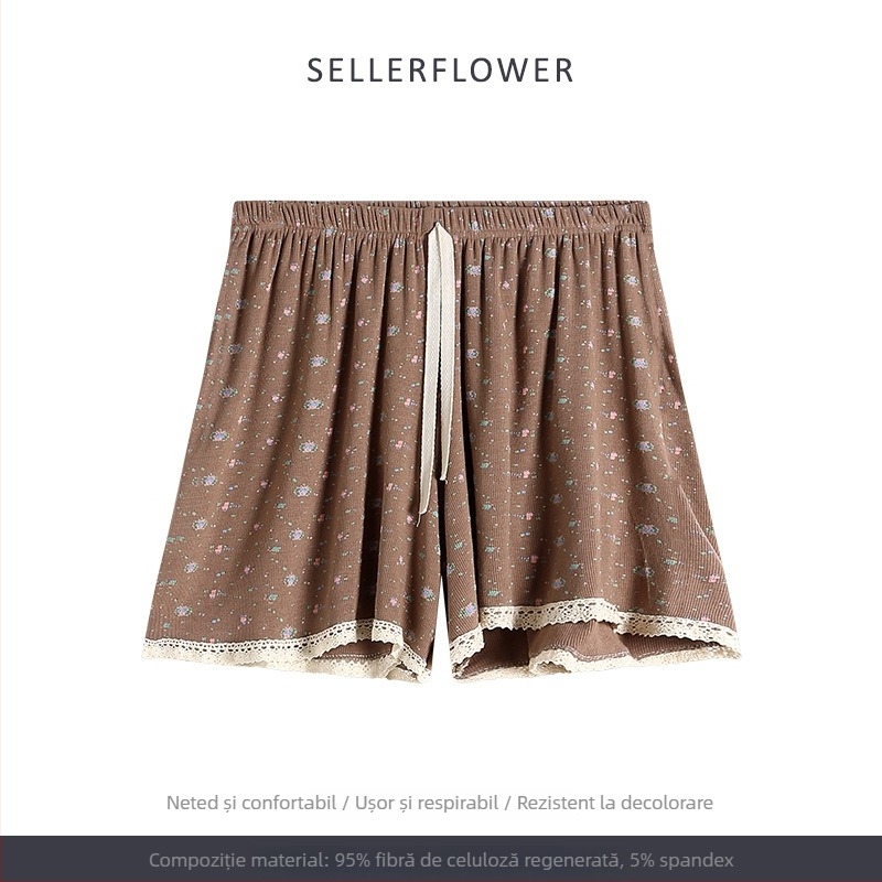 Set pijamale în stil coreean: imprimeu floral mic, modal, rib tricot, guler rotund