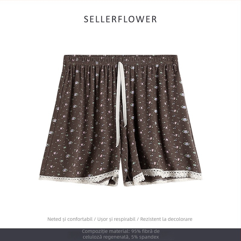 Set pijamale în stil coreean: imprimeu floral mic, modal, rib tricot, guler rotund