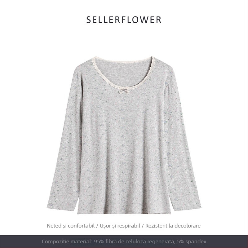 Set pijamale în stil coreean: imprimeu floral mic, modal, rib tricot, guler rotund