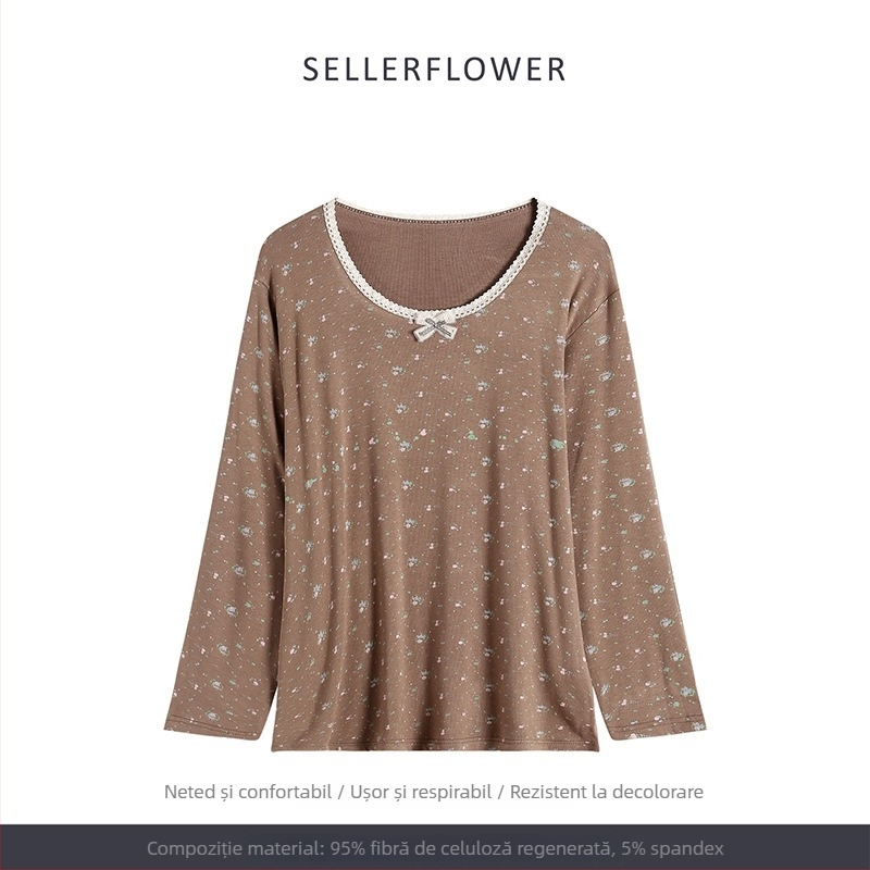 Set pijamale în stil coreean: imprimeu floral mic, modal, rib tricot, guler rotund