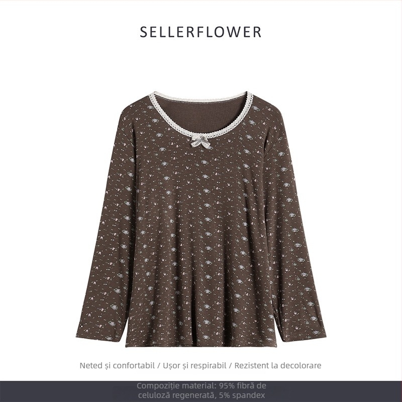 Set pijamale în stil coreean: imprimeu floral mic, modal, rib tricot, guler rotund