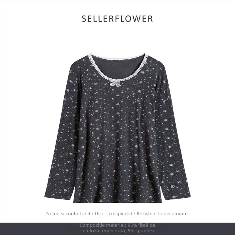 Set pijamale în stil coreean: imprimeu floral mic, modal, rib tricot, guler rotund