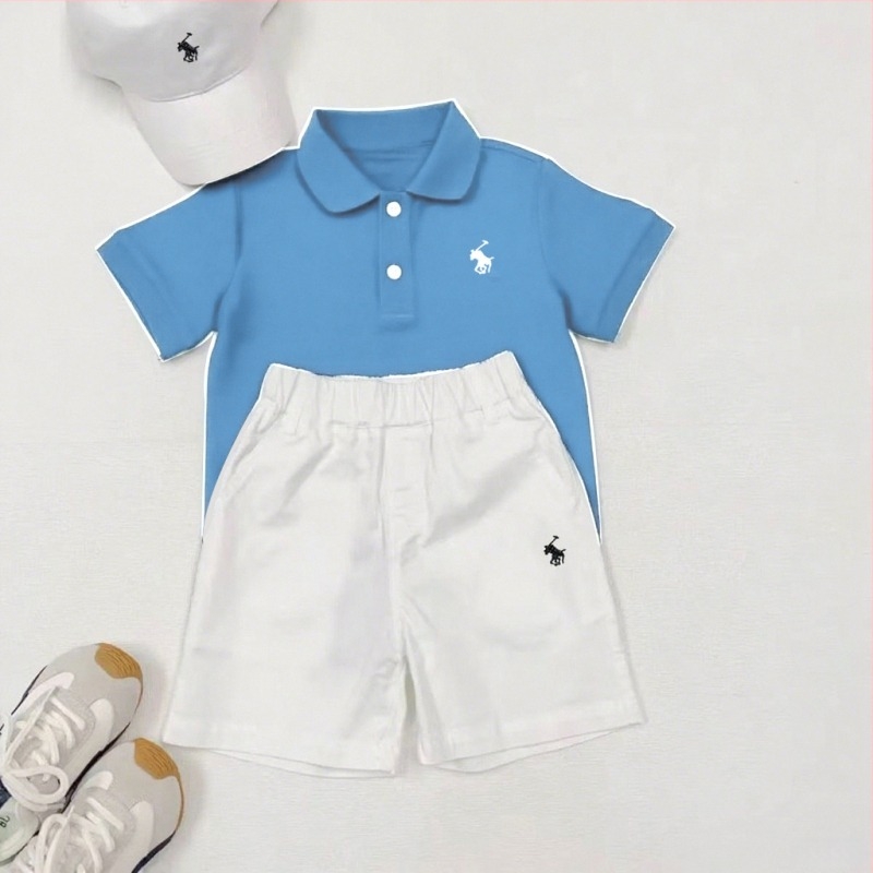 Set polo pentru copii: cămașă polo cu mânecă scurtă și pantaloni scurți, bumbac respirabil, guler polo, unisex, pentru 3–8 ani