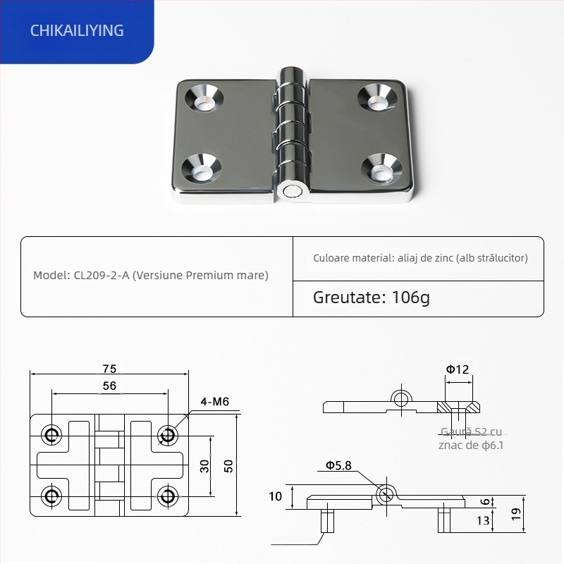 Balama CL209 pentru cutii de distribuție, din aliaj de zinc; modele CL209-1, CL209-A, CL209-1C; material: aliaj de zinc; finisaj de suprafață: electroplacare și polisare; marcă: Chikai