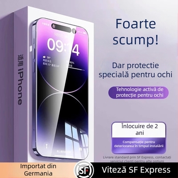 Protecție pentru ecran din sticlă temperată cu protecție AR pentru ochi, film frontal, calitate HD, compatibil cu iPhone 15 Pro Max, 16 Pro și 14 Plus