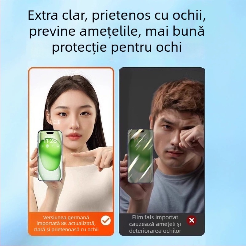 Protecție pentru ecran din sticlă temperată cu protecție AR pentru ochi, film frontal, calitate HD, compatibil cu iPhone 15 Pro Max, 16 Pro și 14 Plus