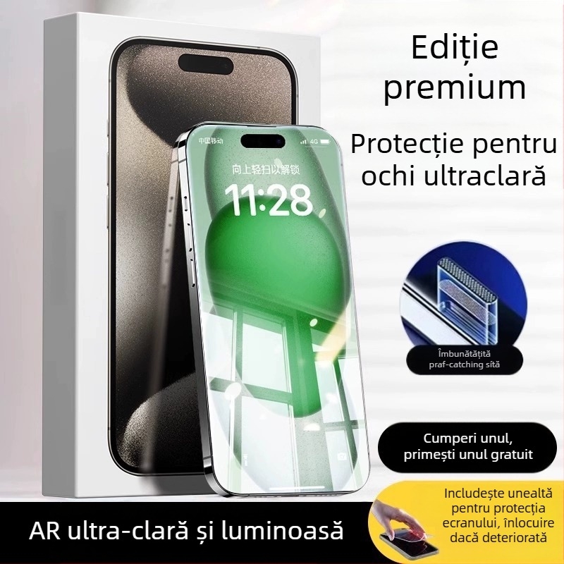 Protecție pentru ecran din sticlă temperată cu protecție AR pentru ochi, film frontal, calitate HD, compatibil cu iPhone 15 Pro Max, 16 Pro și 14 Plus