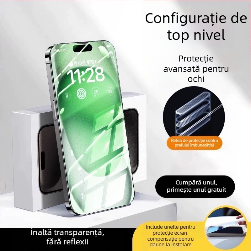Protecție pentru ecran din sticlă temperată cu protecție AR pentru ochi, film frontal, calitate HD, compatibil cu iPhone 15 Pro Max, 16 Pro și 14 Plus